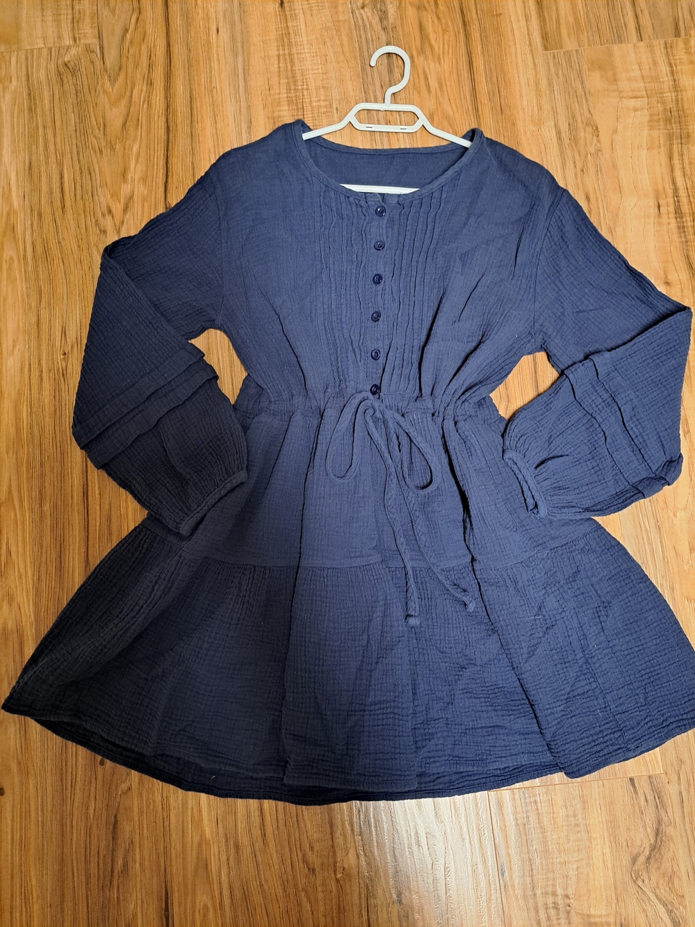 Navy Button-Front Gauze Tunic with Waist Tie